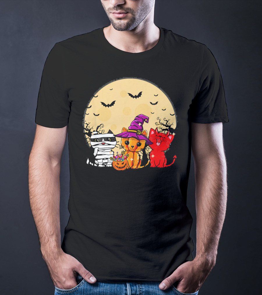Three Cats Halloween Moon Bats Mummy Witch Devil T-Shirt