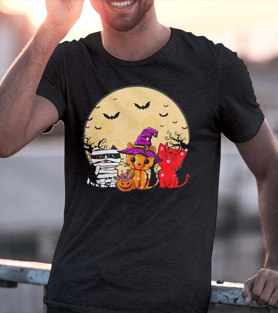Three Cats Halloween Moon Bats Mummy Witch Devil T-Shirt