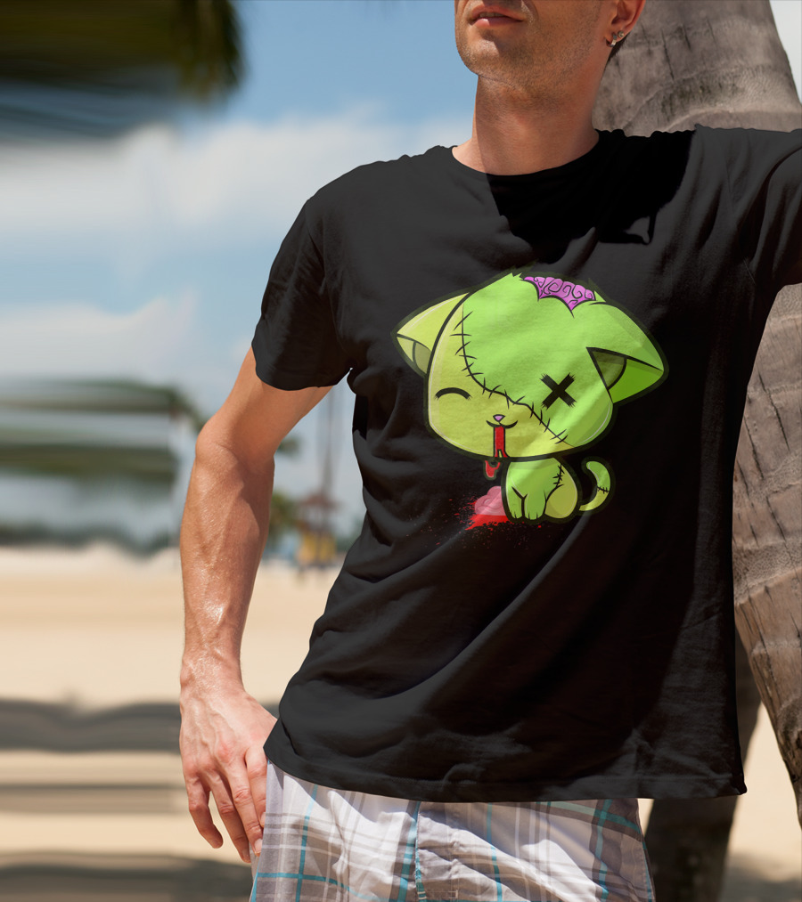 Cute Zombkitty Green Zombie Kitten Neon Brain T-Shirt
