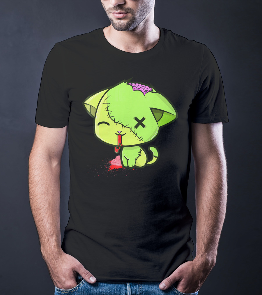Cute Zombkitty Green Zombie Kitten Neon Brain T-Shirt