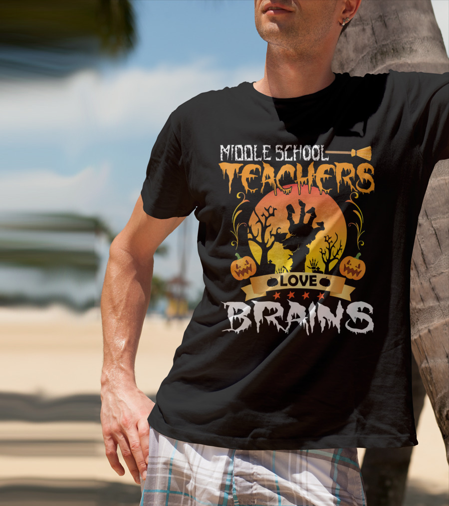 Middle School Teachers Love Brains Moon Tomb Pumpkin T-Shirt