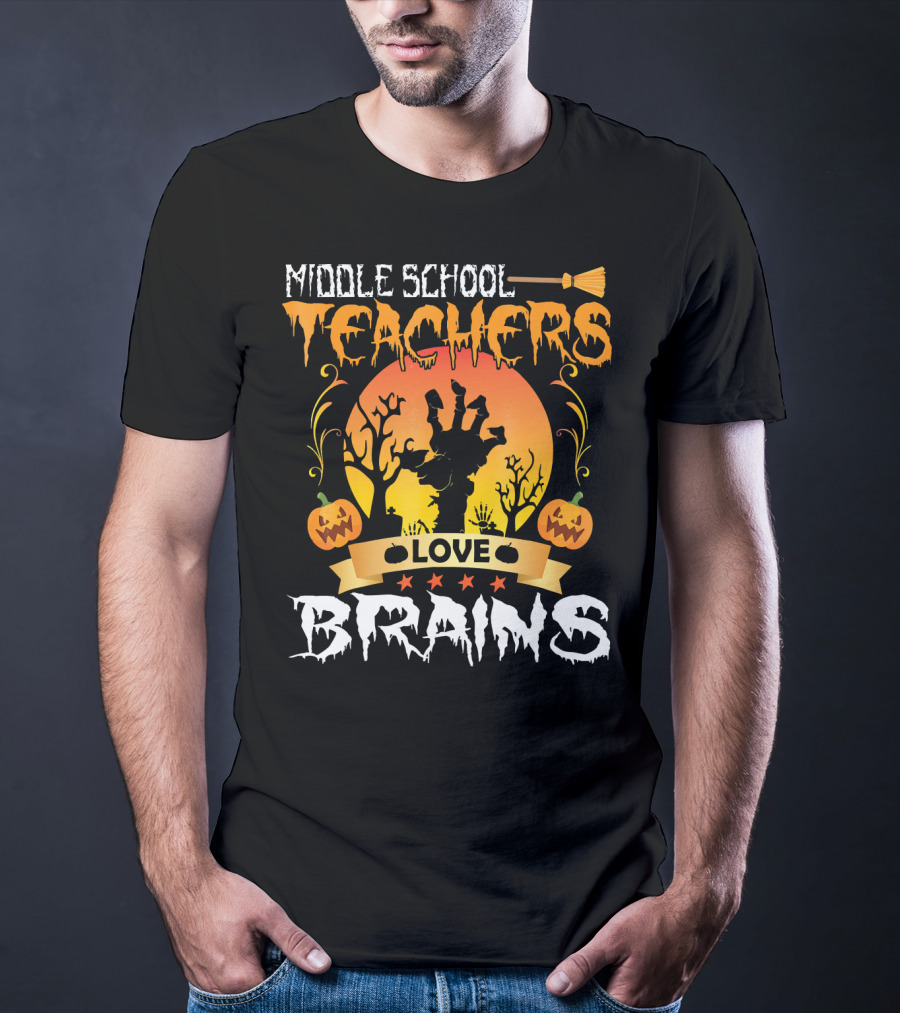 Middle School Teachers Love Brains Moon Tomb Pumpkin T-Shirt