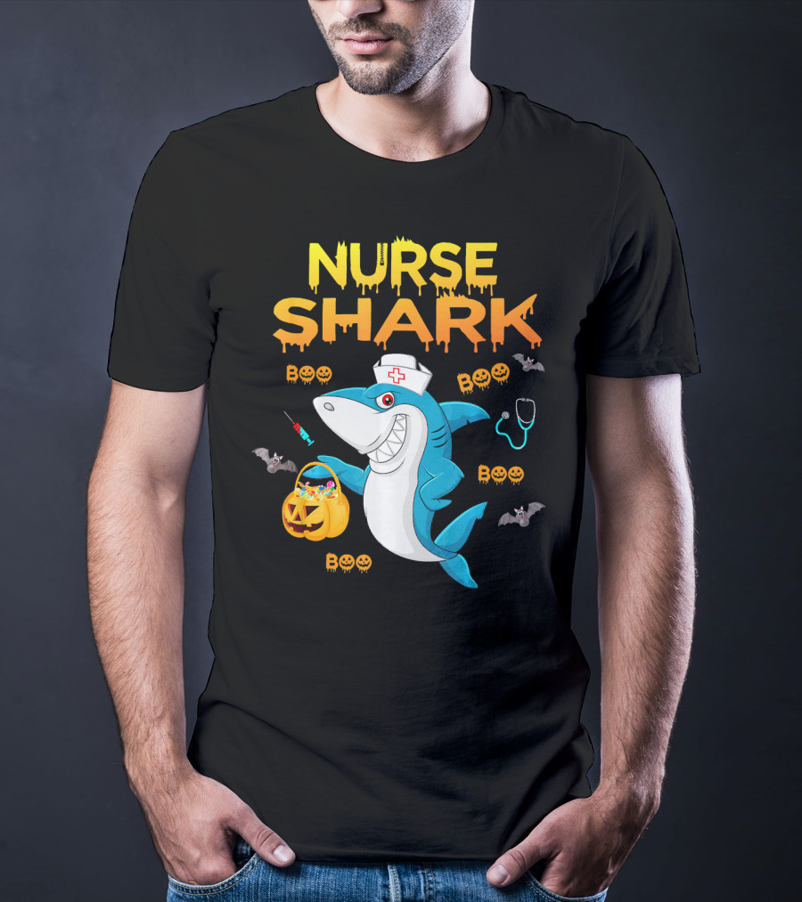 Nurse Shark Halloween Boo Pumpkin Bats Stethoscope T-Shirt
