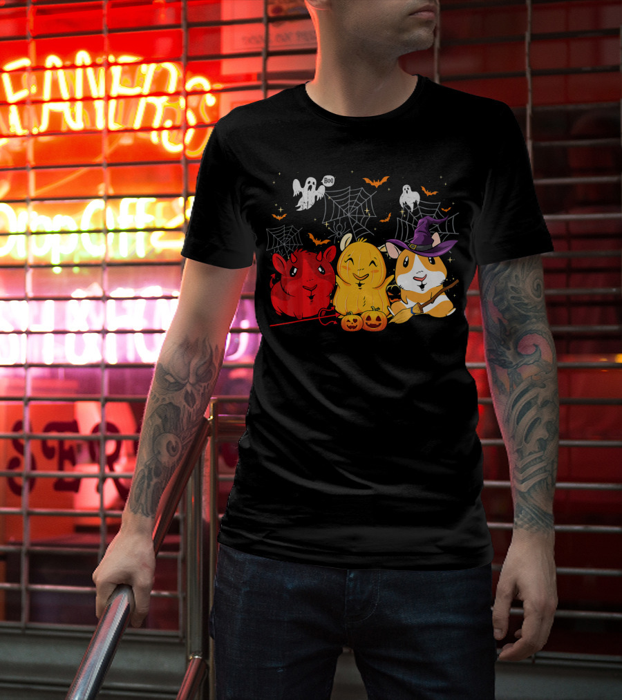 Halloween Funny Guinea Pigs In Costumes With Ghosts And Spiderwebs T-Shirt