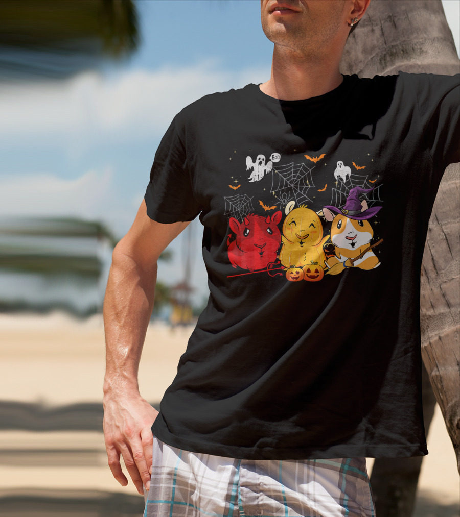 Halloween Funny Guinea Pigs In Costumes With Ghosts And Spiderwebs T-Shirt