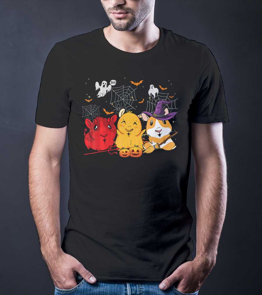 Halloween Funny Guinea Pigs In Costumes With Ghosts And Spiderwebs T-Shirt