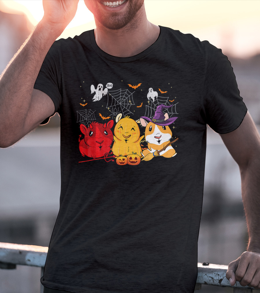 Halloween Funny Guinea Pigs In Costumes With Ghosts And Spiderwebs T-Shirt