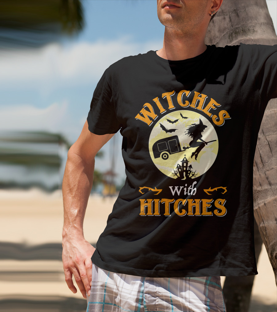 Witches With Hitches Halloween Camper Moon Bats And Witch Hat Broomstick T-Shirt