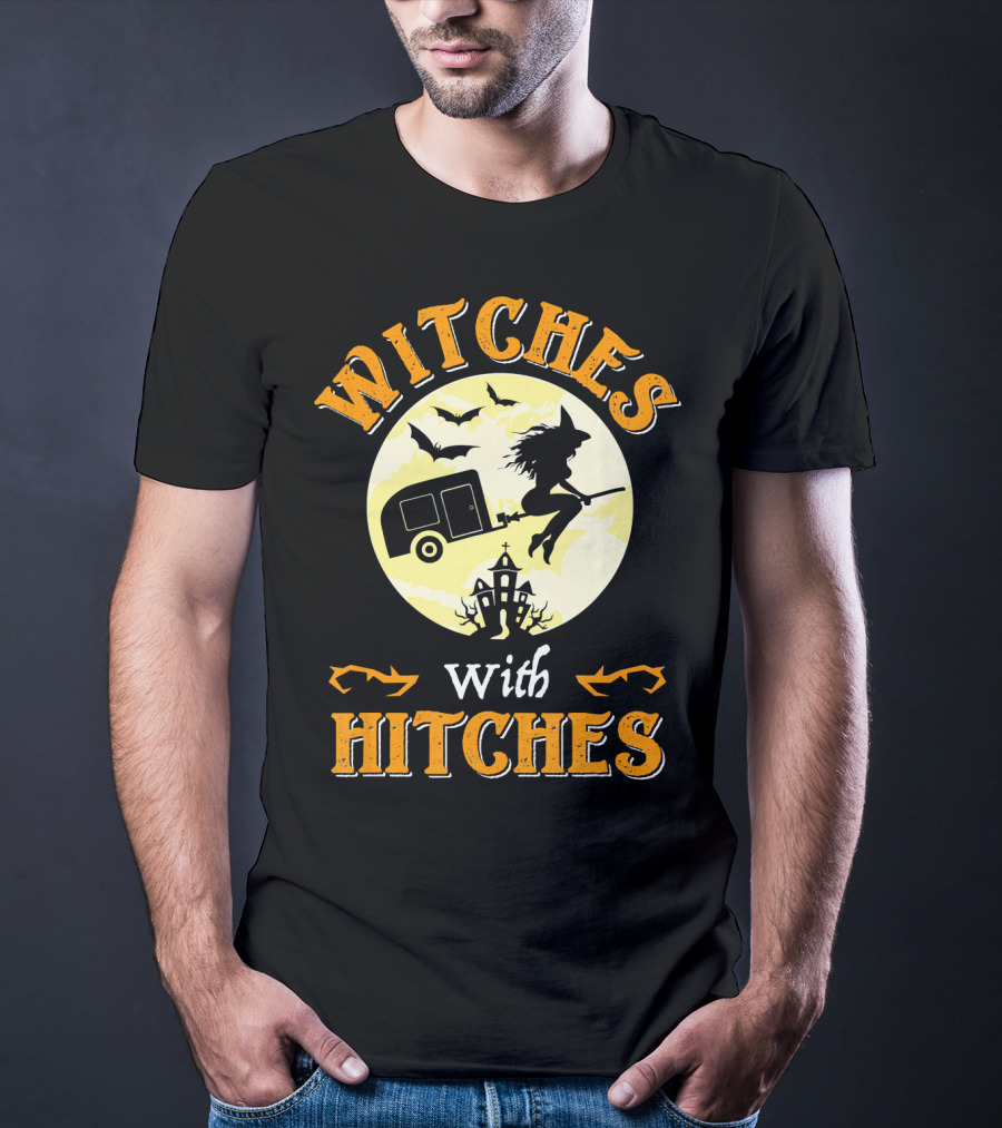Witches With Hitches Halloween Camper Moon Bats And Witch Hat Broomstick T-Shirt