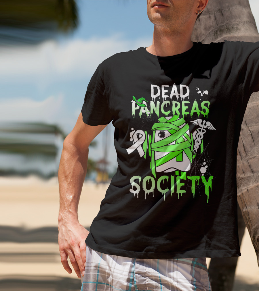 Dead Pancreas Society Halloween Ghost Design With Green Mummy And Medical Symbols T-Shirt