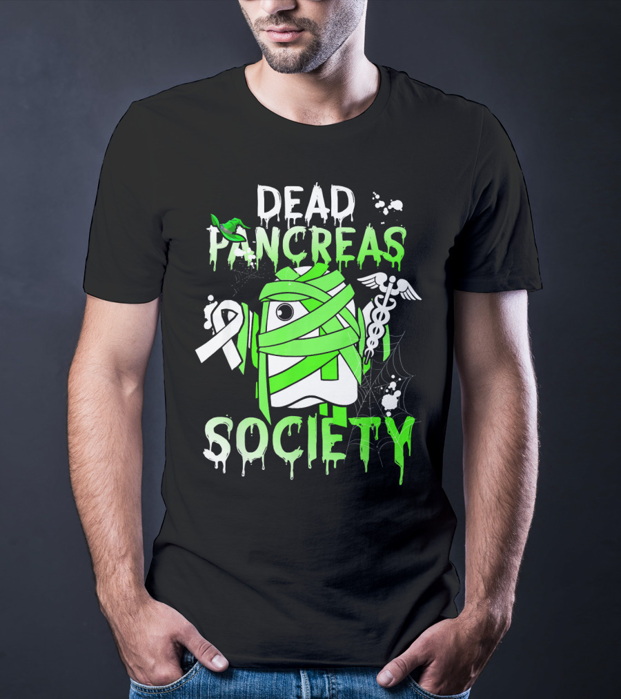 Dead Pancreas Society Halloween Ghost Design With Green Mummy And Medical Symbols T-Shirt