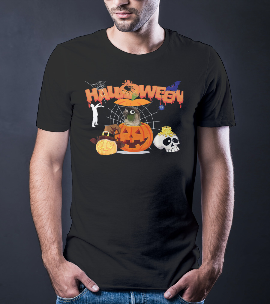 Halloween Green Cheek Conure Pumpkin Witch Zombie Skull Spiderweb T-Shirt