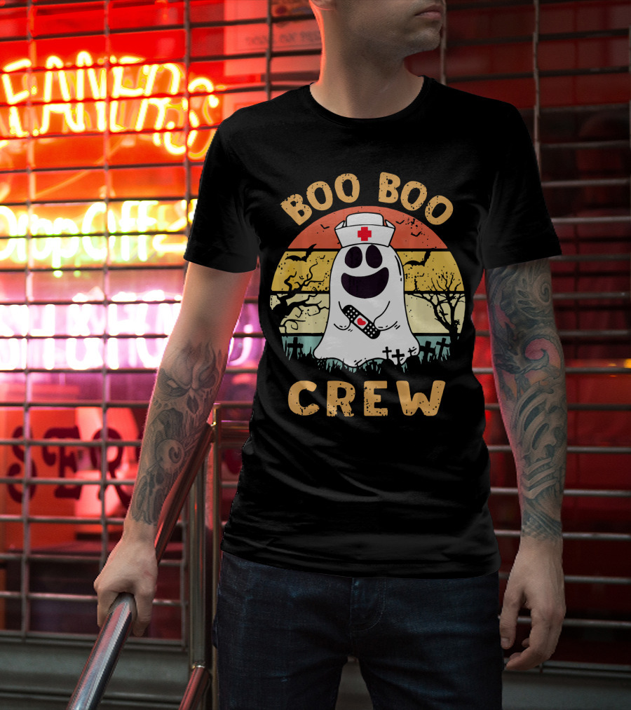 Vintage Halloween Boo Boo Crew Ghost Nurse With Bandage T-Shirt