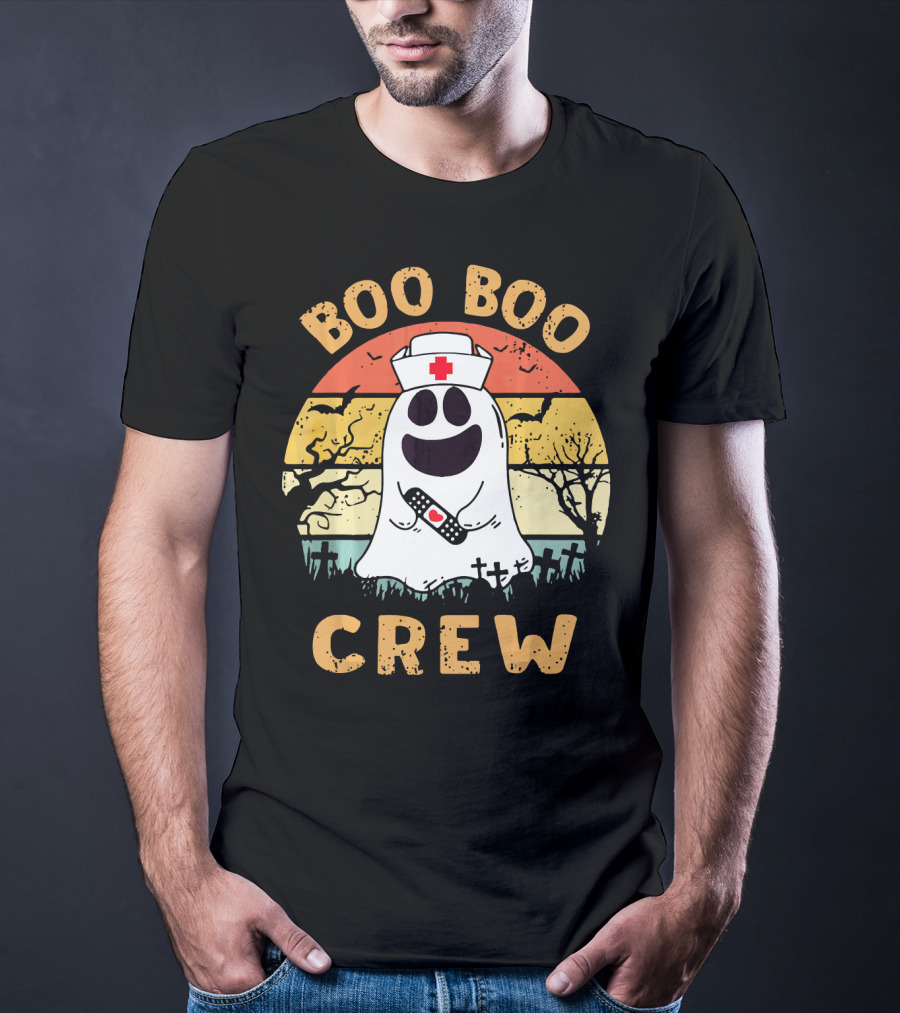 Vintage Halloween Boo Boo Crew Ghost Nurse With Bandage T-Shirt