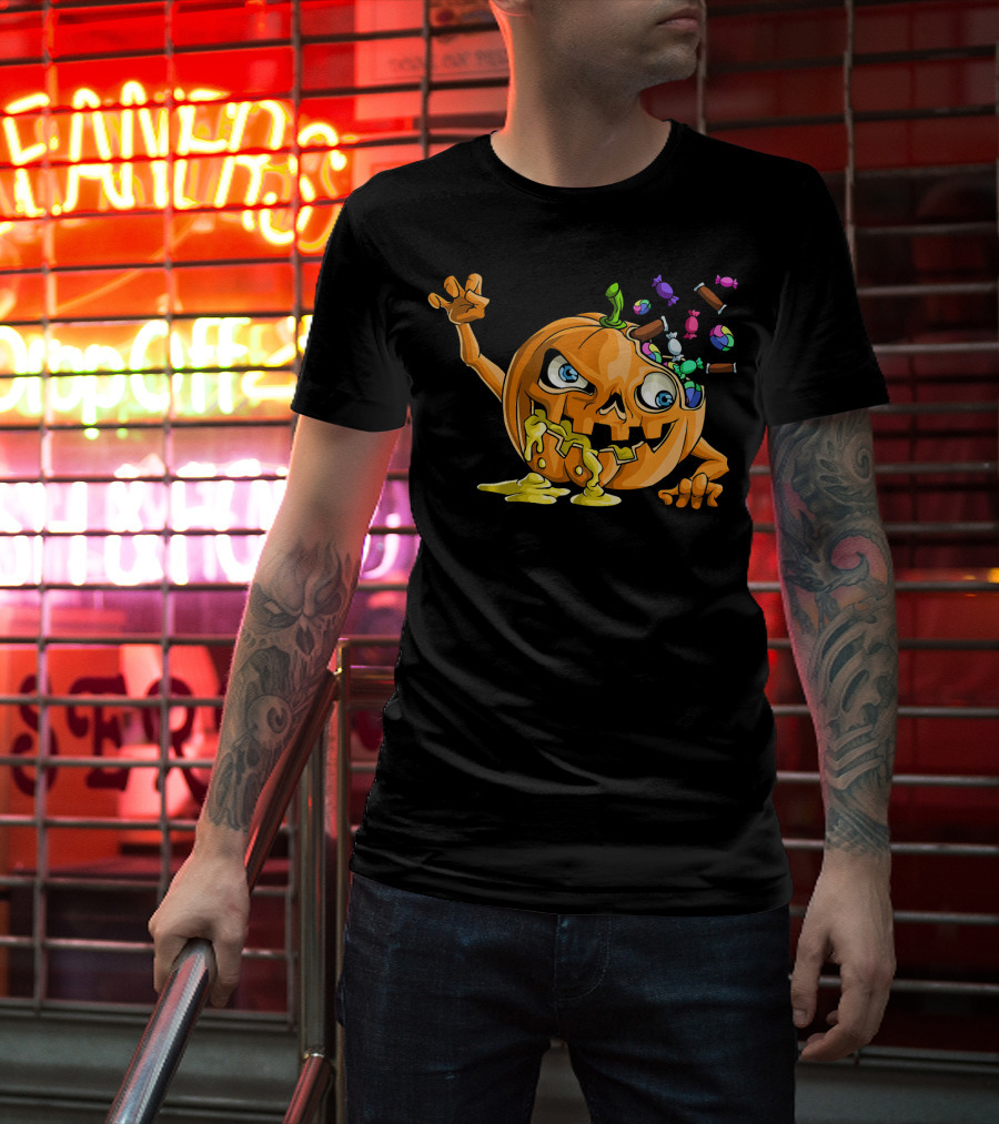 Zombie Pumpkin Funny Halloween Horror Scary Candy Explosion T-Shirt