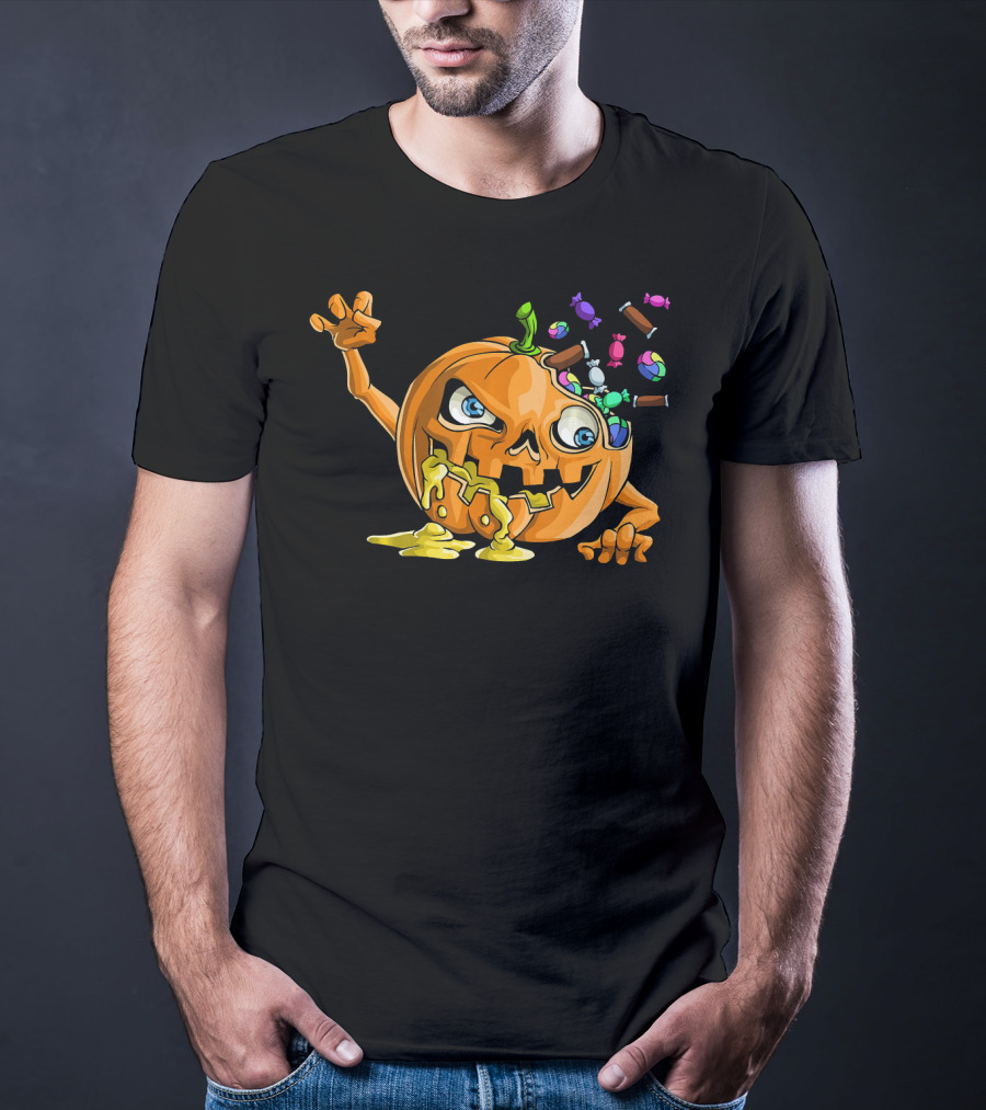 Zombie Pumpkin Funny Halloween Horror Scary Candy Explosion T-Shirt