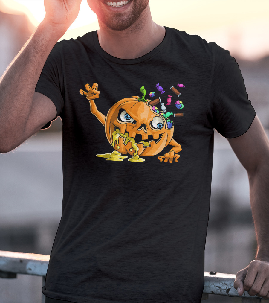 Zombie Pumpkin Funny Halloween Horror Scary Candy Explosion T-Shirt