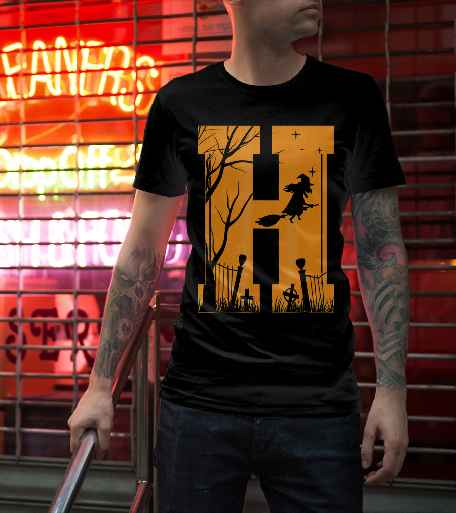 Letter H Halloween Witch Graveyard Scene T-Shirt