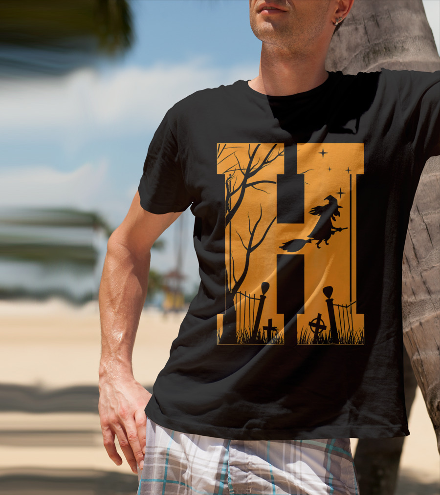 Letter H Halloween Witch Graveyard Scene T-Shirt