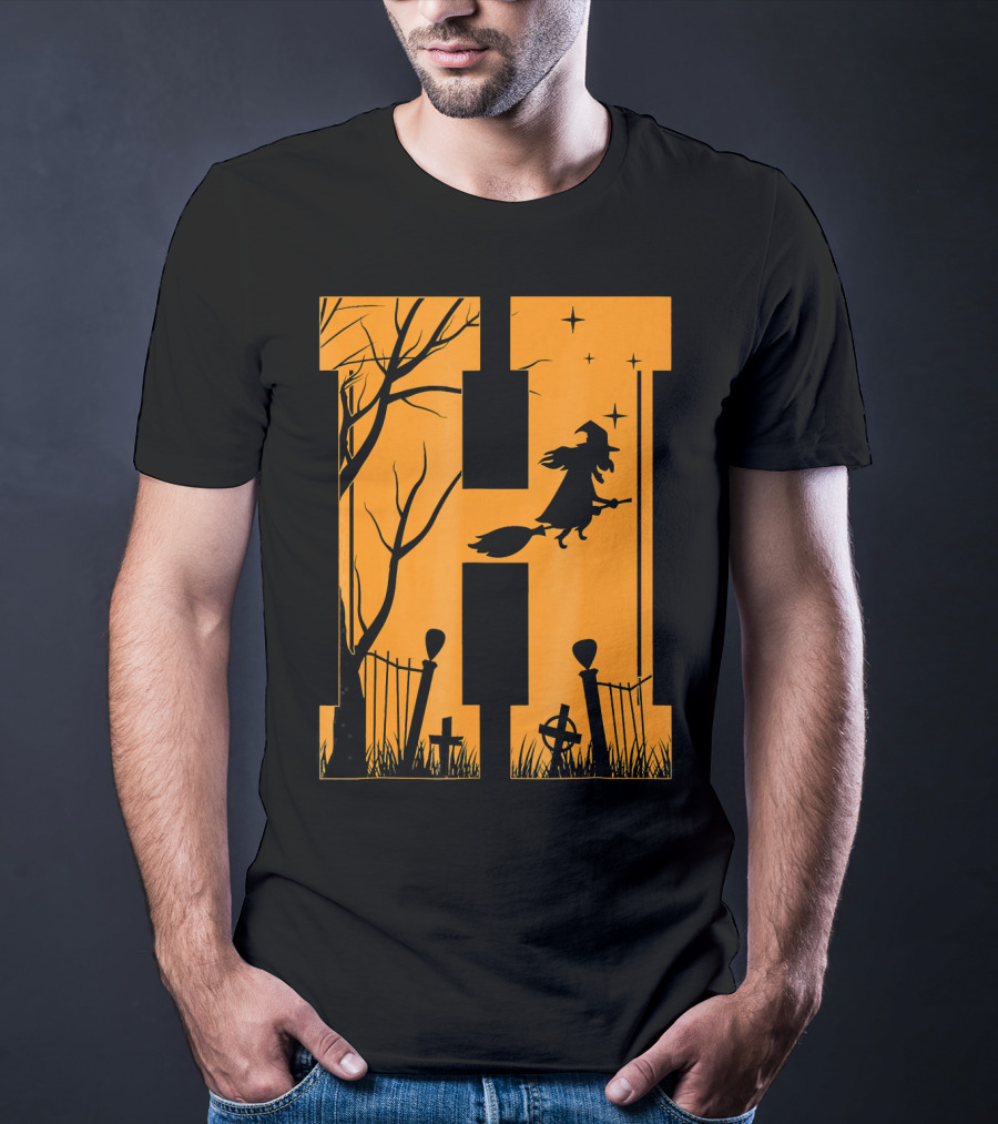 Letter H Halloween Witch Graveyard Scene T-Shirt