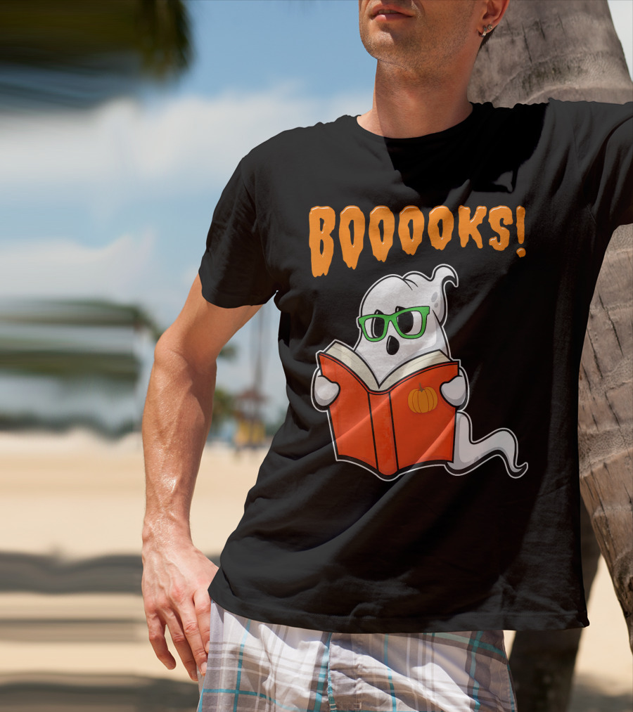 Booooks Ghost With Green Glasses And Pumpkin Book Funny Teacher Halloween T-Shirt
