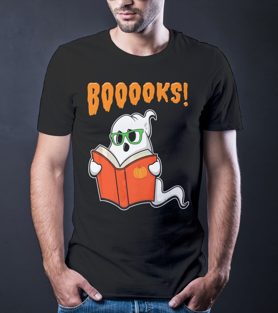 Booooks Ghost With Green Glasses And Pumpkin Book Funny Teacher Halloween T-Shirt
