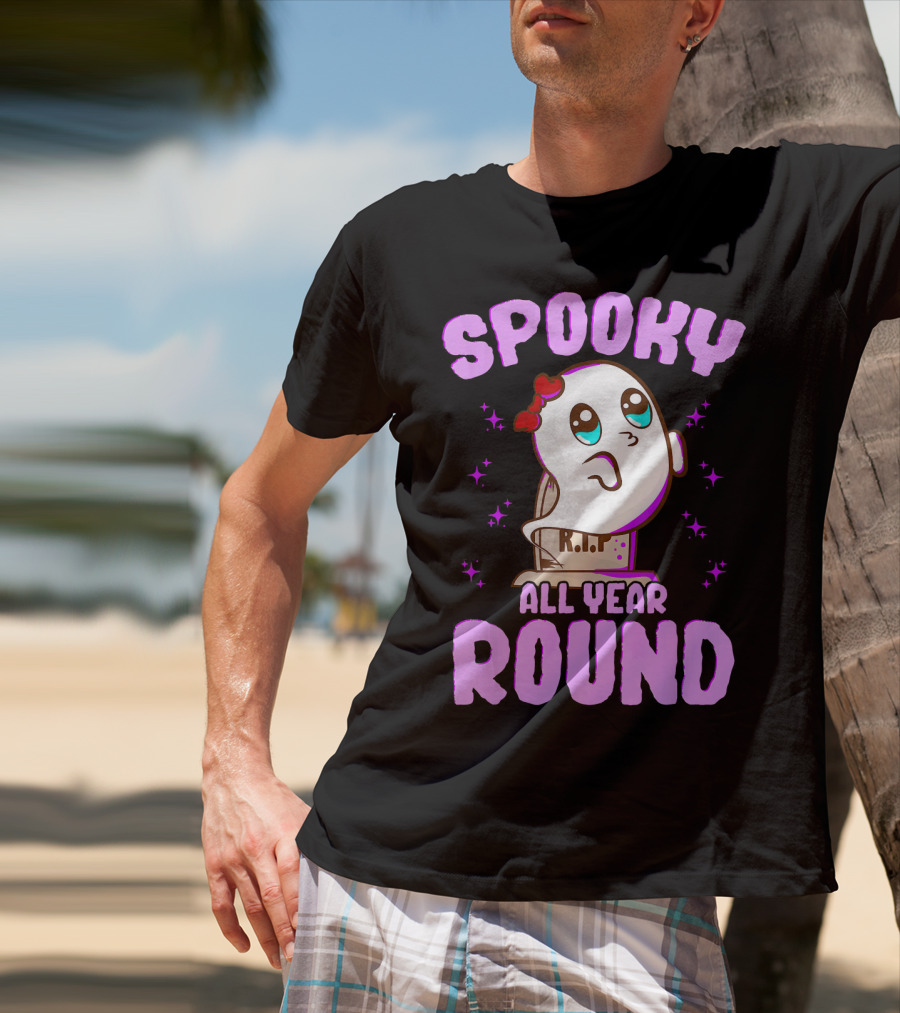 Spooky All Year Round Kawaii Ghost With Glittering Stars And Gravestone T-Shirt