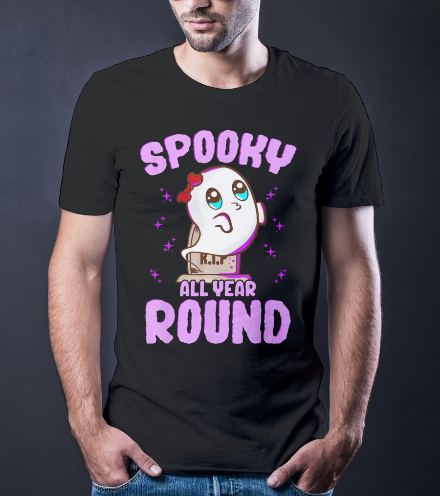 Spooky All Year Round Kawaii Ghost With Glittering Stars And Gravestone T-Shirt