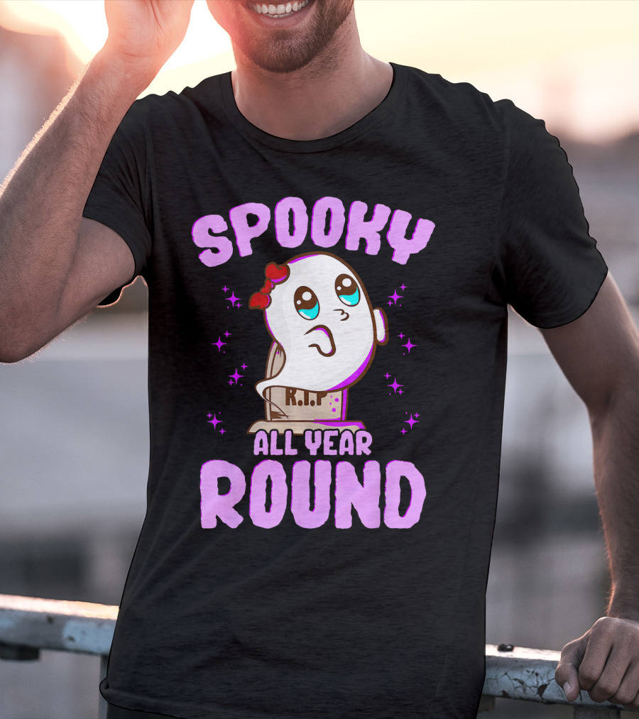 Spooky All Year Round Kawaii Ghost With Glittering Stars And Gravestone T-Shirt