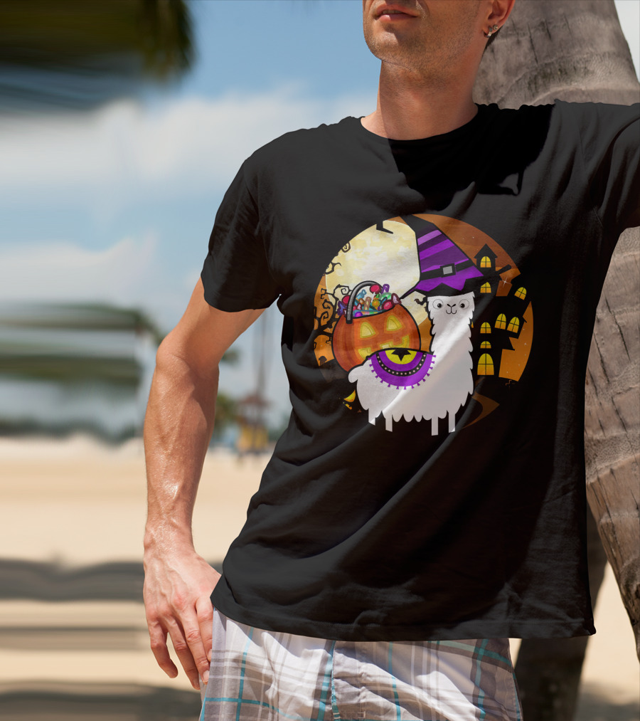 Halloween Llama Funny Alpaca With Witch Hat And Pumpkin House T-Shirt