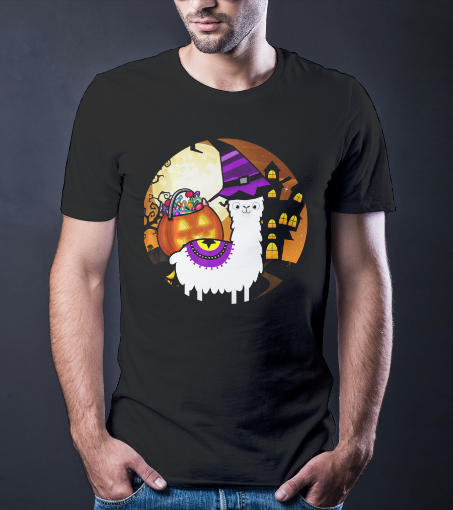 Halloween Llama Funny Alpaca With Witch Hat And Pumpkin House T-Shirt