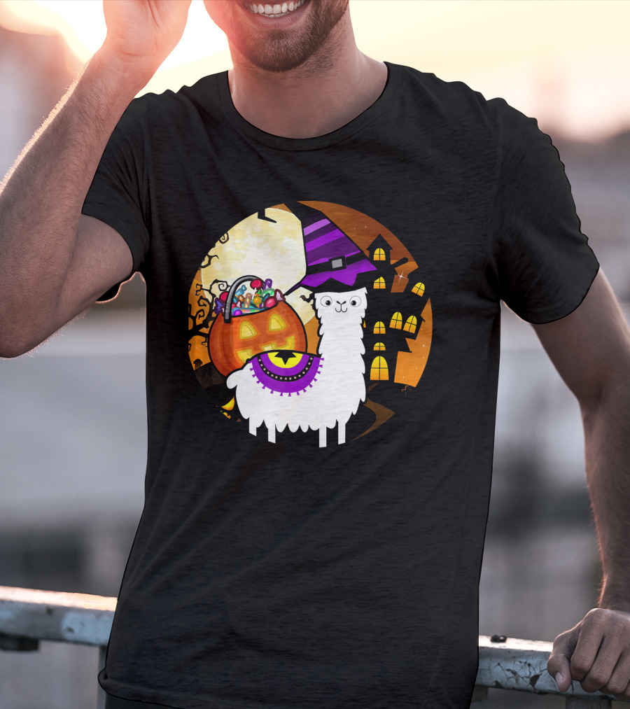 Halloween Llama Funny Alpaca With Witch Hat And Pumpkin House T-Shirt