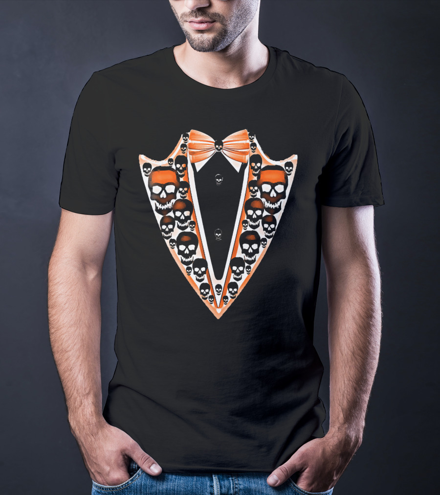 Tuxedo Skull Bowtie Pattern Orange And Black T-Shirt