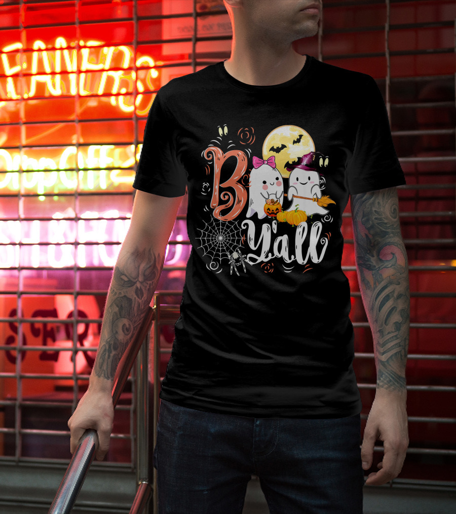 Boo Y’all Funny Ghosts With Pumpkin And Halloween Moon T-Shirt
