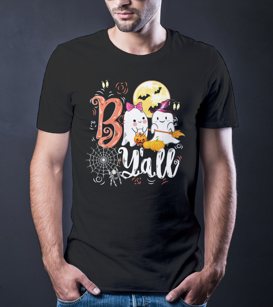 Boo Y’all Funny Ghosts With Pumpkin And Halloween Moon T-Shirt