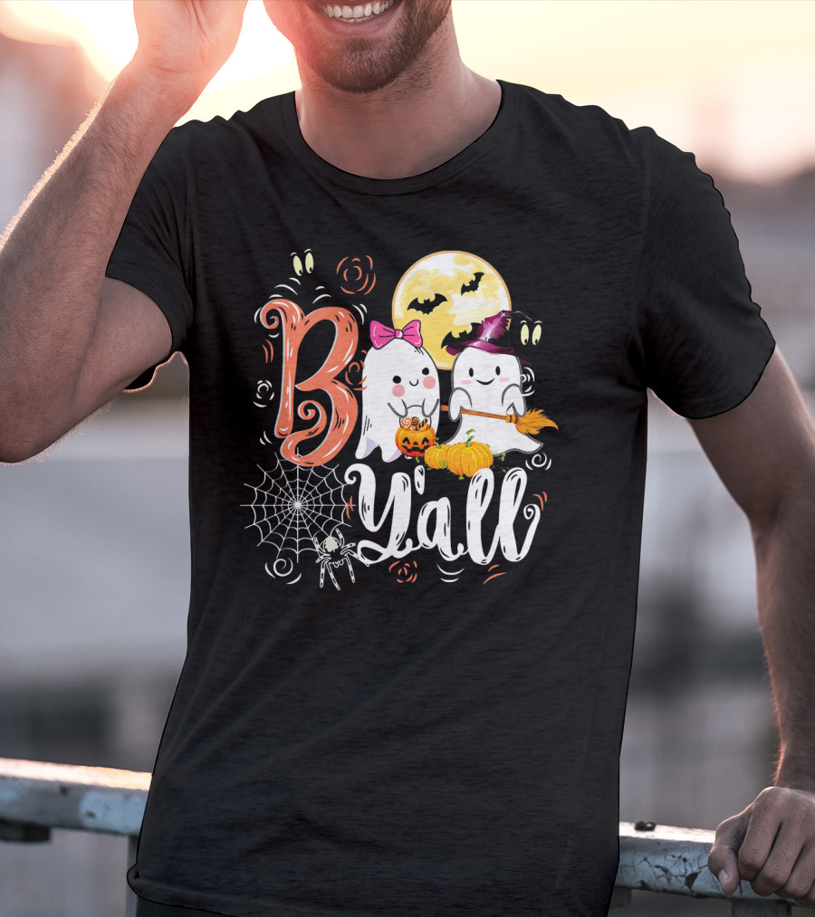 Boo Y’all Funny Ghosts With Pumpkin And Halloween Moon T-Shirt