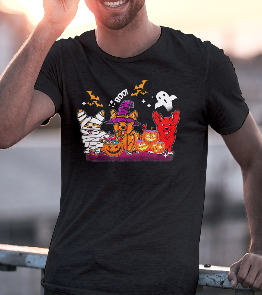 Halloween Three Corgis Witch Mummy Pumpkins Boo Ghost T-Shirt