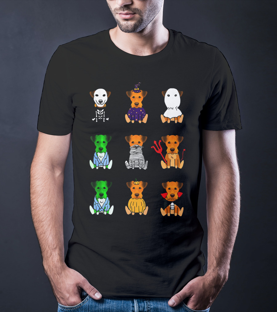 Airedale Terrier Halloween Costumes Skeleton Witch Ghost Zombie Mummy Devil Pumpkin Dracula T-Shirt