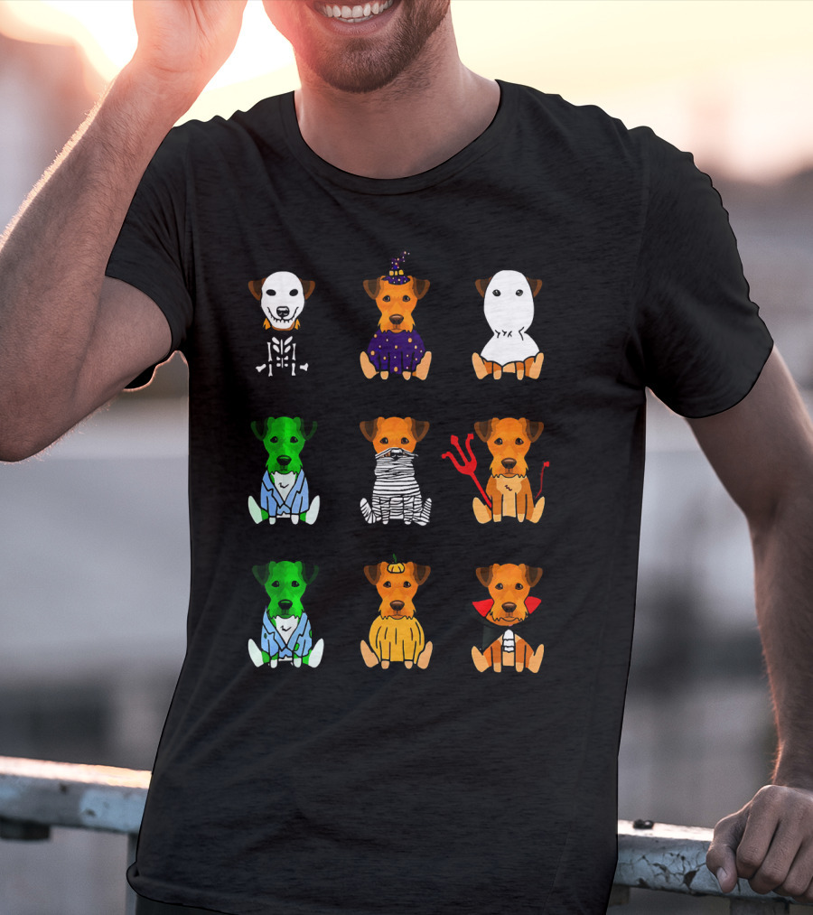 Airedale Terrier Halloween Costumes Skeleton Witch Ghost Zombie Mummy Devil Pumpkin Dracula T-Shirt