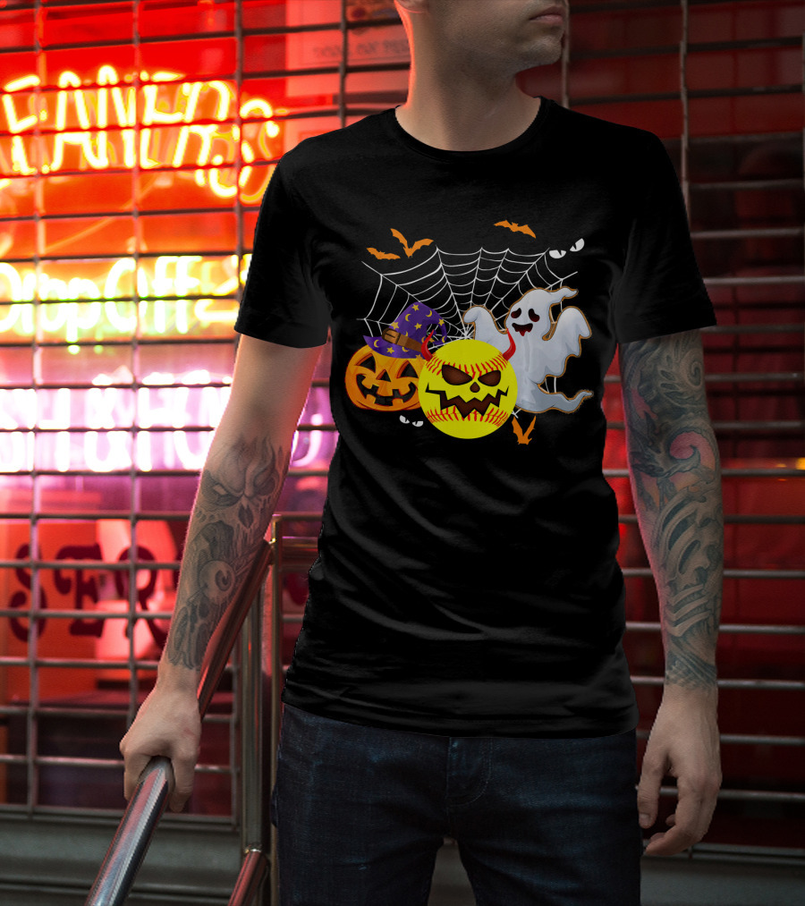 Halloween Softball Pumpkin Ghost Cobwebs And Bats Fun T-Shirt