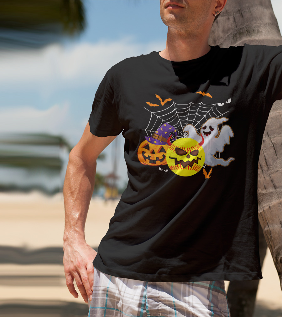 Halloween Softball Pumpkin Ghost Cobwebs And Bats Fun T-Shirt