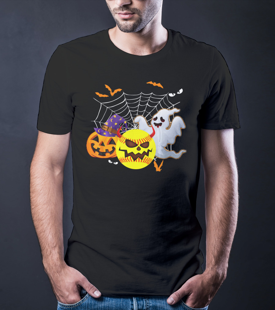 Halloween Softball Pumpkin Ghost Cobwebs And Bats Fun T-Shirt