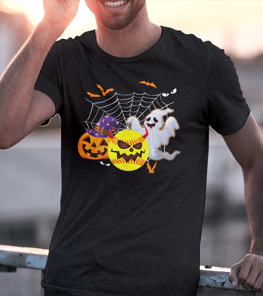 Halloween Softball Pumpkin Ghost Cobwebs And Bats Fun T-Shirt