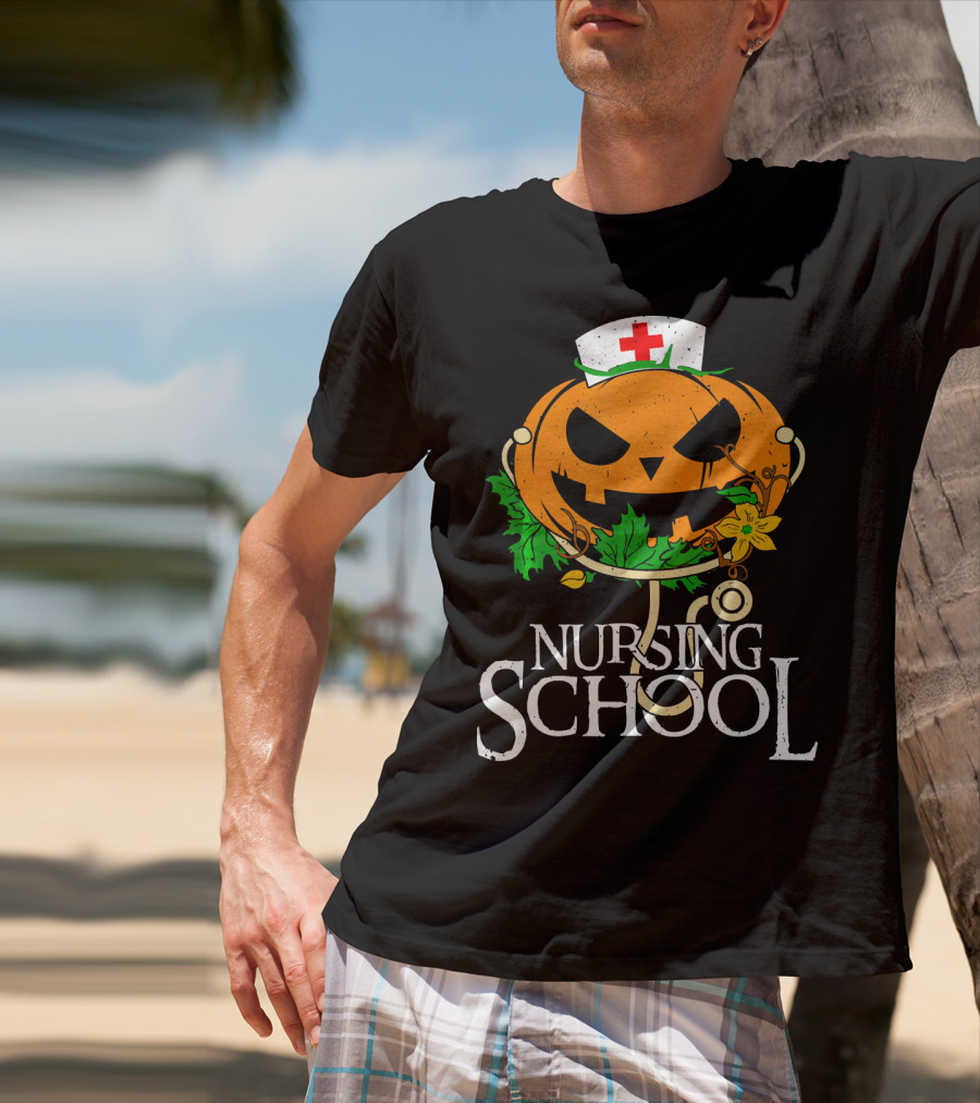 Nursing School Pumpkin With Stethoscope And Nurse Hat Jack-o'-Lantern T-Shirt