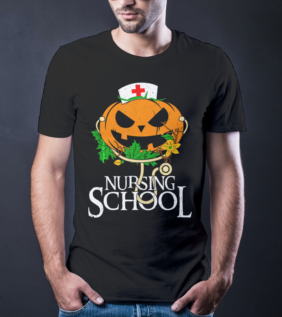 Nursing School Pumpkin With Stethoscope And Nurse Hat Jack-o'-Lantern T-Shirt