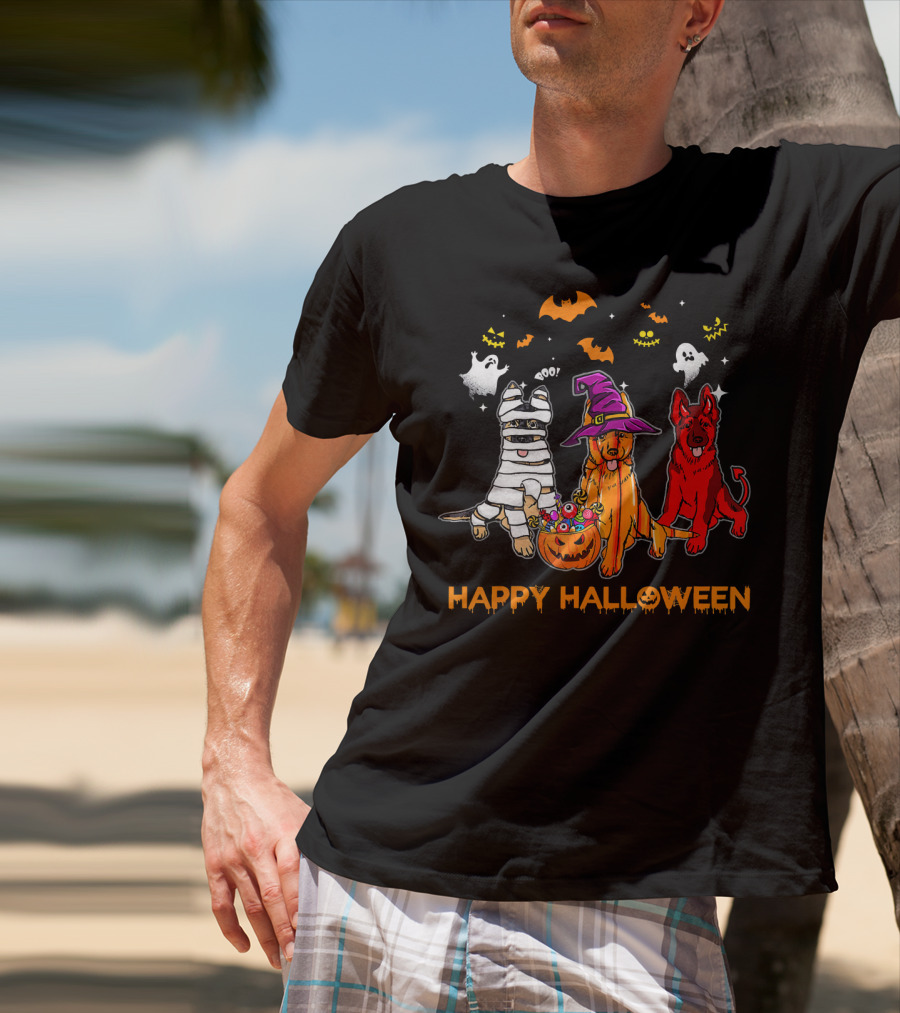 Happy Halloween Mummy Witch Devil Dogs With Ghosts And Bats T-Shirt