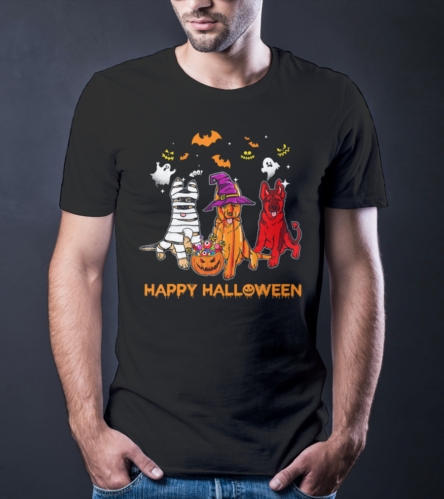 Happy Halloween Mummy Witch Devil Dogs With Ghosts And Bats T-Shirt