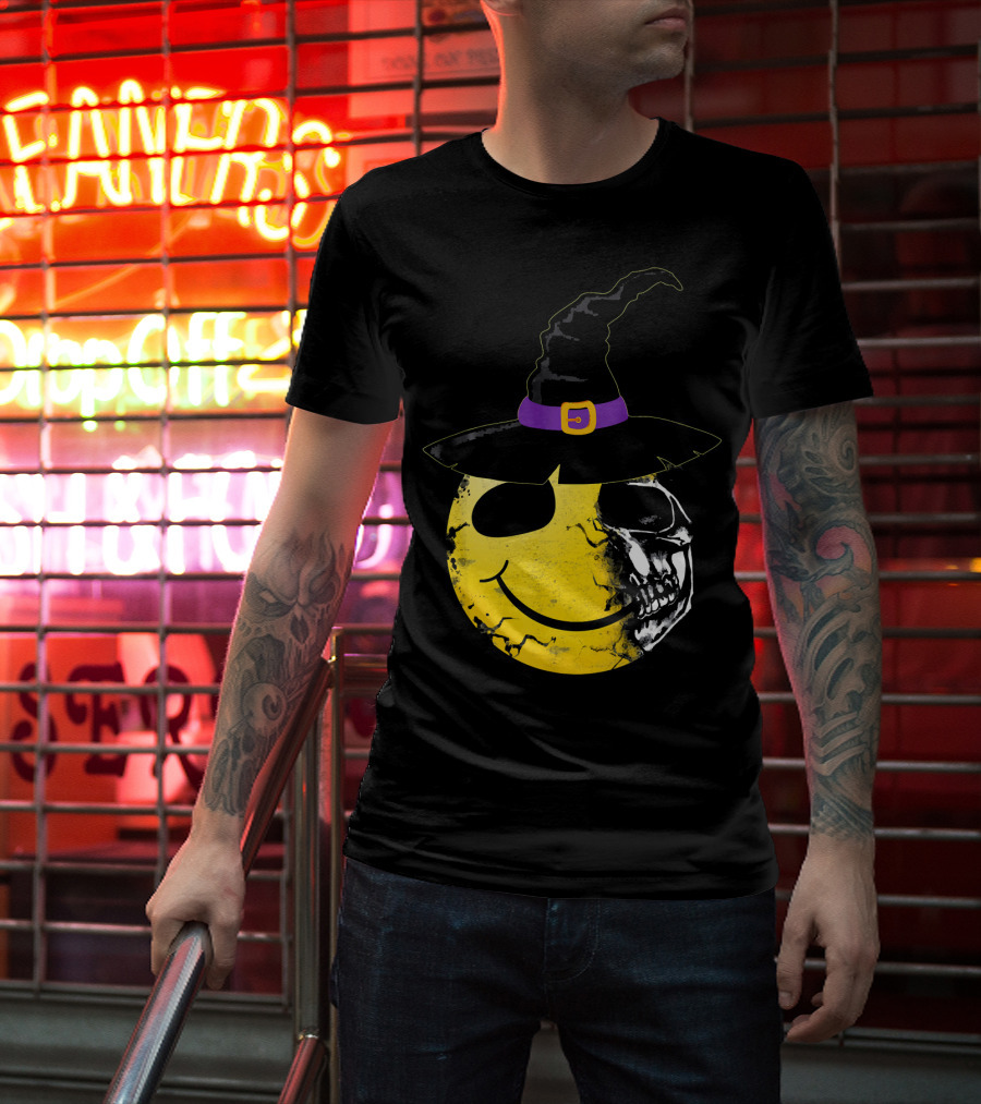 Halloween Witch Hat Smiley Half Skull Face T-Shirt