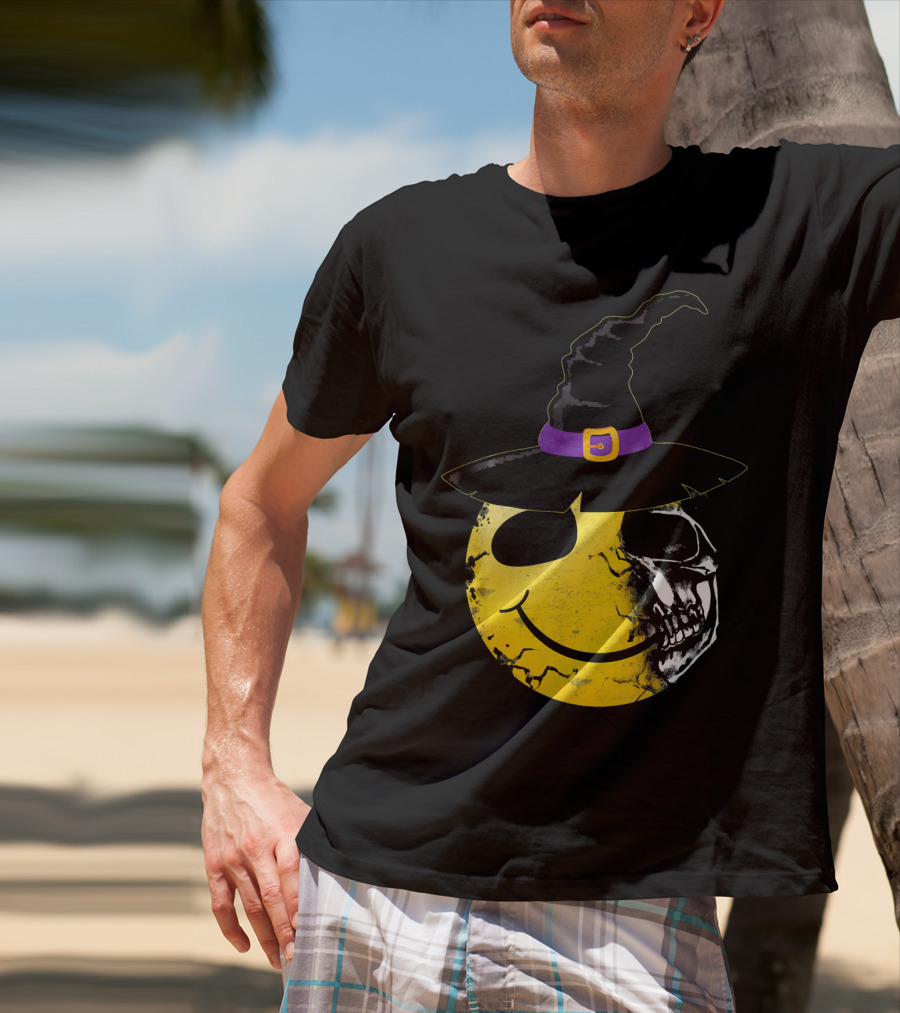 Halloween Witch Hat Smiley Half Skull Face T-Shirt