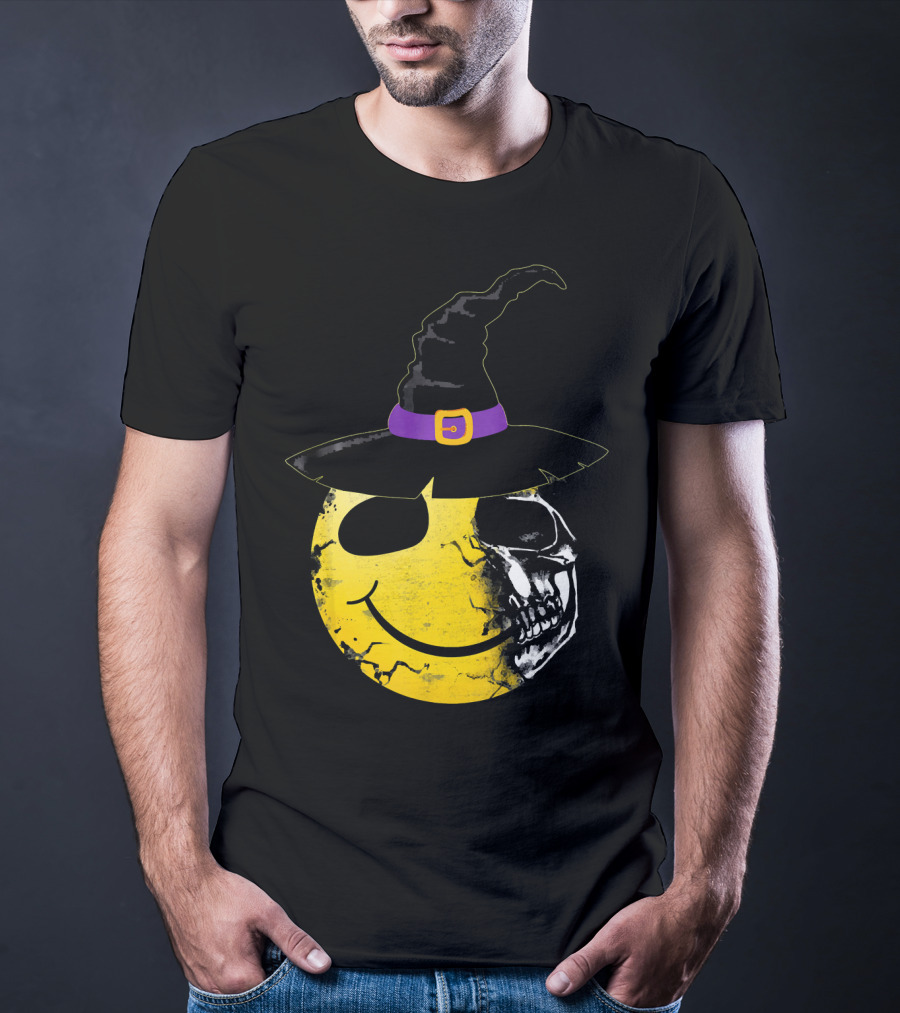 Halloween Witch Hat Smiley Half Skull Face T-Shirt